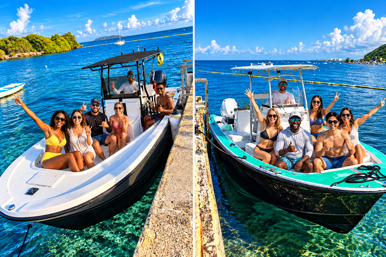 Happy group of friends celebrating on boats at Icacos Island Puerto Rico
